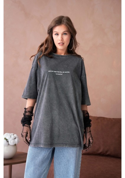 Yıkamalı Baskı Detay Salaş Basic T-Shirt modelleri