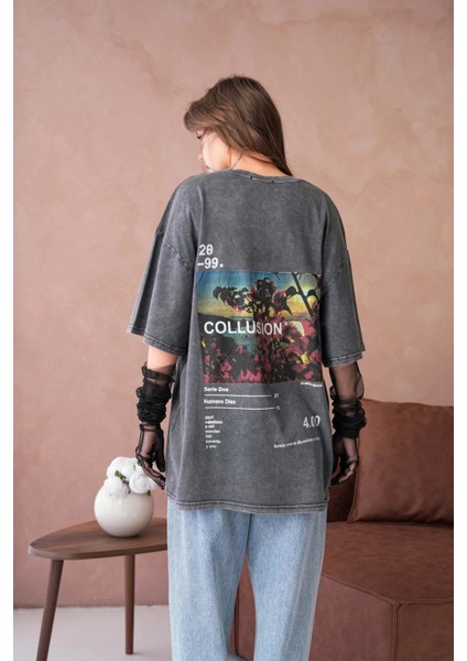 Yıkamalı Baskı Detay Salaş Basic T-Shirt indirimleri