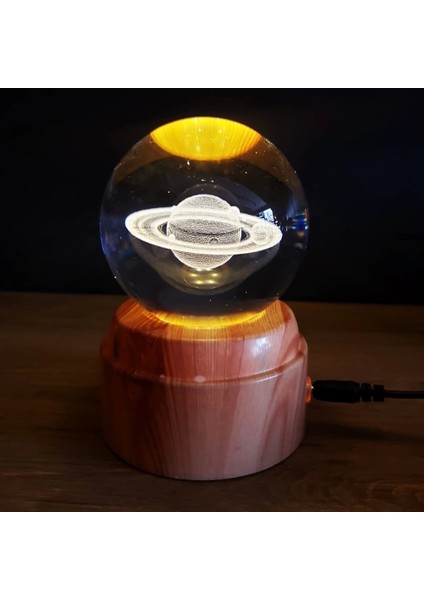 Satürn Gezegen Tasarımlı Dönen Cam Küre