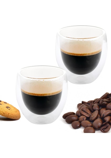 Home 2 Adet Çift Cidarlı Iki Katmanlı Borosilikat Cam Bardak, Yalıtımlı Cappuccino Latte Kahve Kupası, Şık ve Dayanıklı Tasarım, Isıya Dayanıklı,termisil Kupa (250 Ml)