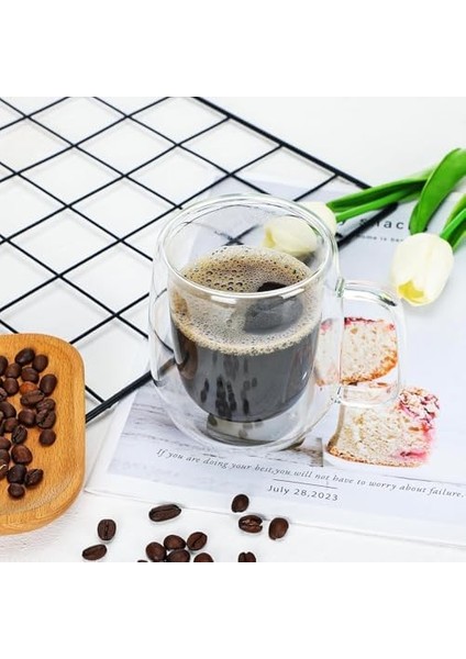 Home 2 Adet Çift Cidarlı Iki Katmanlı Borosilikat Cam Bardak, Yalıtımlı Cappuccino Latte Kahve Kupası, Şık ve Dayanıklı Tasarım, Isıya Dayanıklı,termisil Kupa (250 Ml)