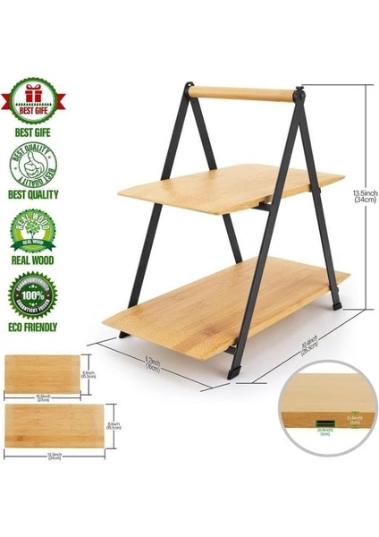 2 Katlı Dikdörtgen Bambu Servis Sunum Seti Büyük Boy, Kuru Pasta, Kurabiye ve Kek Sunumları Için Büyük Boy (34CM-26.5CM-16CM)