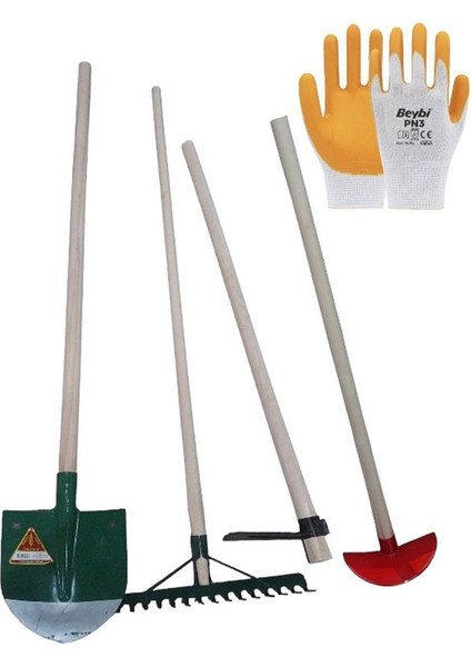 Bahçe Set 9 Parça Kürek+Destekli Tırmık+Üçgen Çapa+Ayçapa+Eldiven Kovan Ayarlı Saplı Bahçe Set