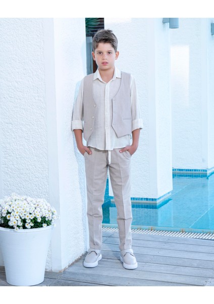 Erkek Çocuk Takım Elbise 3'lü Spor Takım Yelek-Pantolon-Gömlek 3-14 Yaş