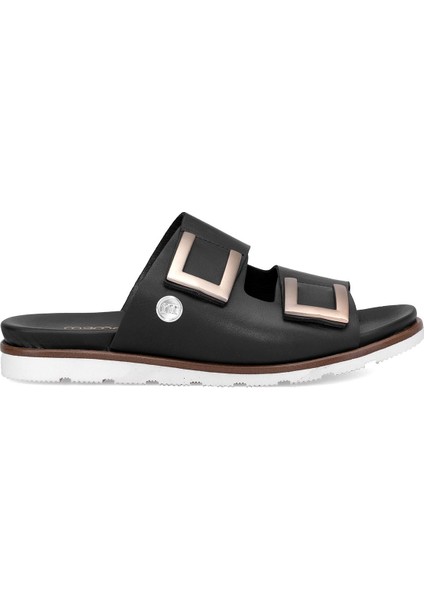 D25YT-1235 Kadın Deri Düz Terlik Siyah