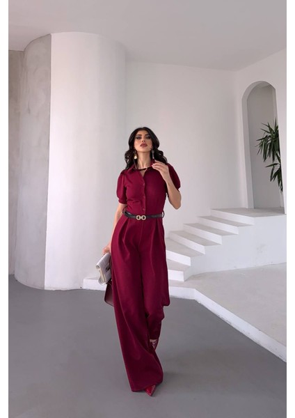 Kadın Gömlek Yaka Kemerli Geniş Paça Tulum NBK4197