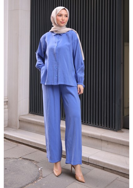 Indigo Yırtmaçlı Tunik Pantolonlu Takım