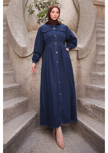 Mavi Cepli Kot Elbise