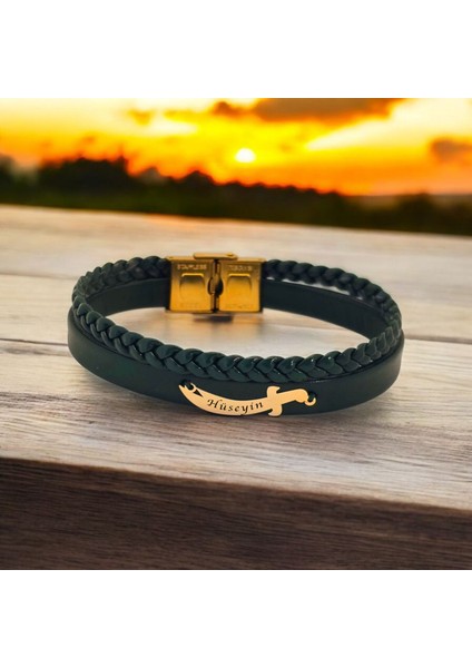 14 Ayar Altın Plakalı Kılıç Figürlü Özgün Derili Erkeklere Özel Isim Bilekliği-385İsim-YEŞIL