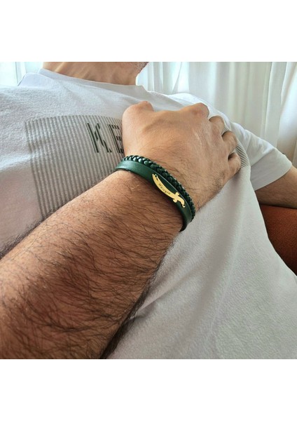 14 Ayar Altın Plakalı Kılıç Figürlü Özgün Derili Erkeklere Özel Isim Bilekliği-385İsim-YEŞIL modelleri