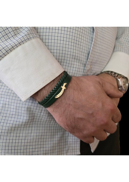 14 Ayar Altın Plakalı Kılıç Figürlü Özgün Derili Erkeklere Özel Isim Bilekliği-385İsim-YEŞIL fırsatları