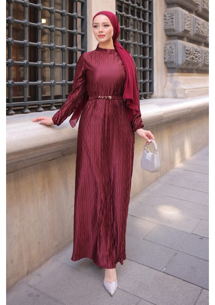 Bordo Piliseli Kraş Elbise