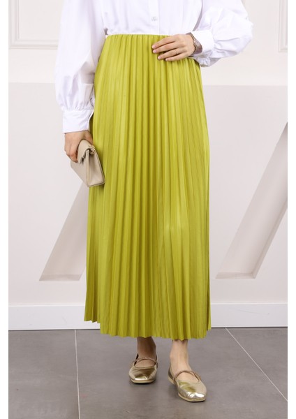 Yağ Yeşili Bel Lastikli Piliseli Etek