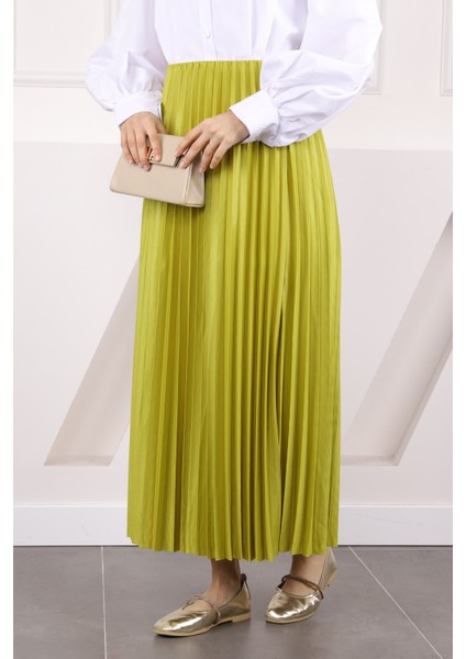 Yağ Yeşili Bel Lastikli Piliseli Etek modelleri