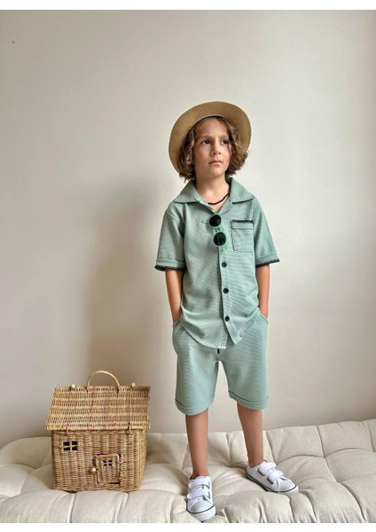 Waffle Kumaş Gömlek Yaka Şortlu Erkek Çocuk Takım