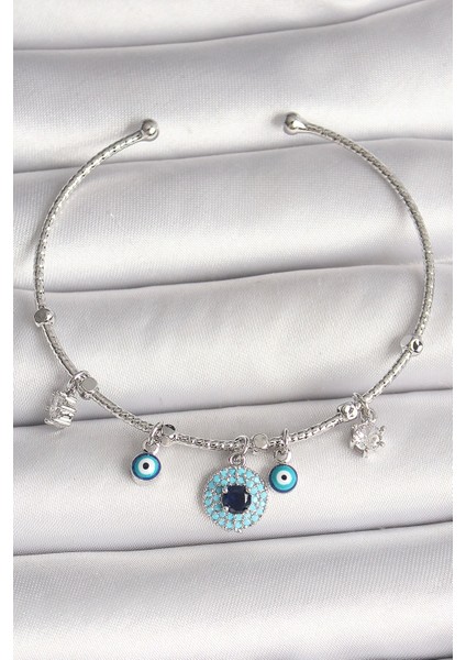 Pirinç Gümüş Renk Sallantı Zirkon Taşlı Nazar Boncuk Figür Charm Kadın Bileklik