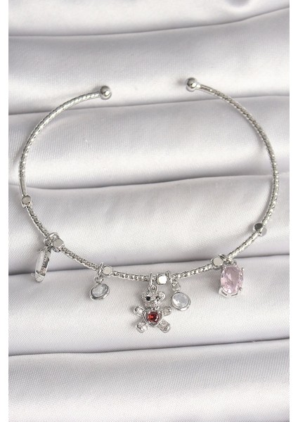 Pirinç Gümüş Renk Sallantı Zirkon Taşlı Ayıcık Figür Kırmızı Taş Detay Charm Kadın Bileklik