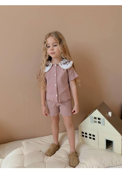 Kaşkorse Kumaş Gömlek Yaka Şortlu Kız Çocuk Takım