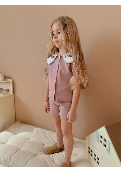 Kaşkorse Kumaş Gömlek Yaka Şortlu Kız Çocuk Takım modelleri