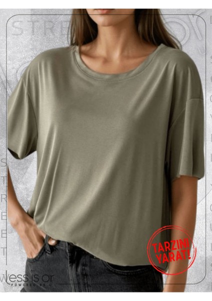 Açık Yeşil Haki Lazer Kesim Basic Tshirt