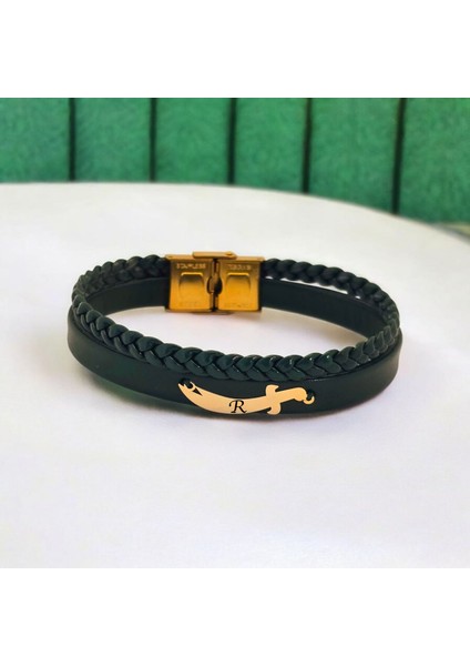 Altın Plakalı 14 Ayar Kılıç Figürlü Erkeklere Özel Özgün Derili Harf Bilekliği-385Harf-YEŞIL