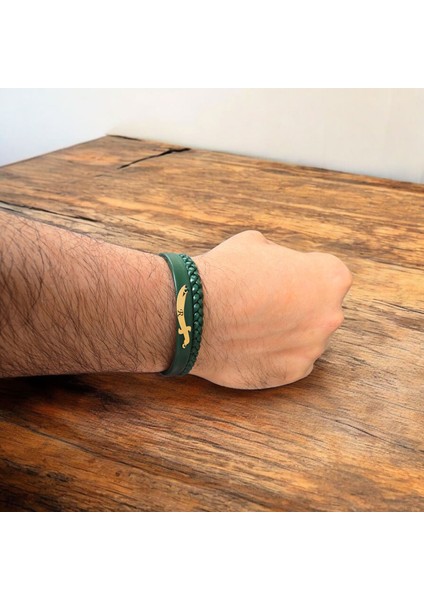 Altın Plakalı 14 Ayar Kılıç Figürlü Erkeklere Özel Özgün Derili Harf Bilekliği-385Harf-YEŞIL fiyatları