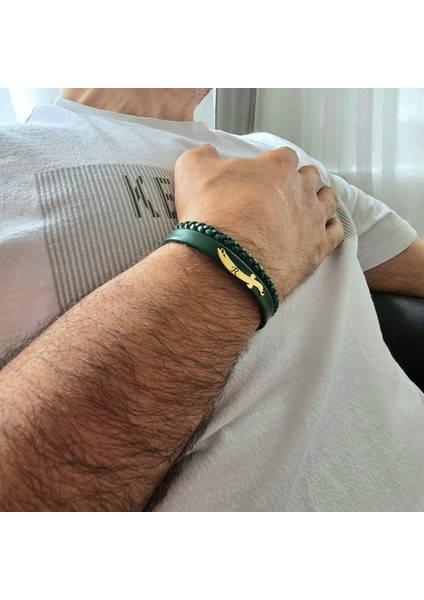 Altın Plakalı 14 Ayar Kılıç Figürlü Erkeklere Özel Özgün Derili Harf Bilekliği-385Harf-YEŞIL modelleri