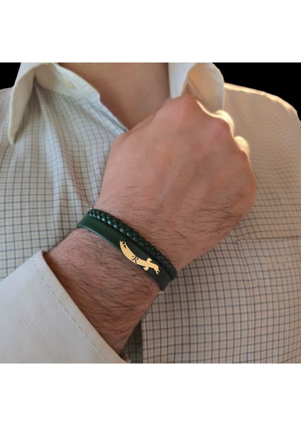 Altın Plakalı 14 Ayar Kılıç Figürlü Erkeklere Özel Özgün Derili Harf Bilekliği-385Harf-YEŞIL fırsatları