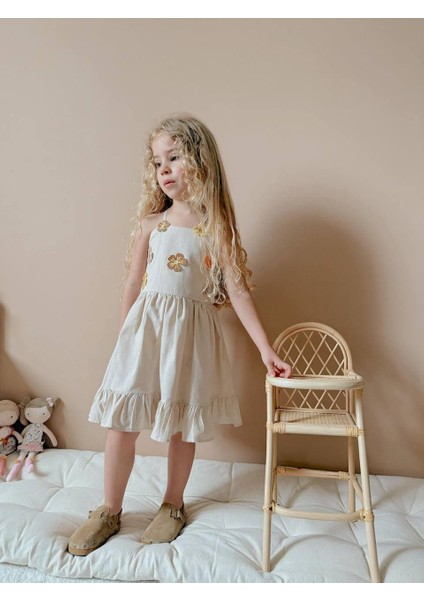 Yigit Butik Çiçek Nakışlı Askılı Kız Çocuk Elbise
