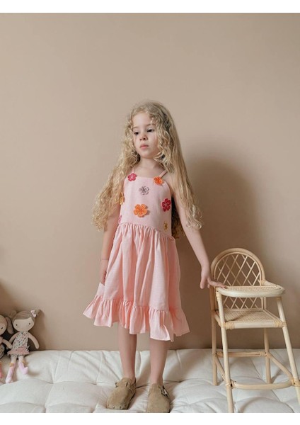 Yigit Butik Çiçek Nakışlı Askılı Kız Çocuk Elbise