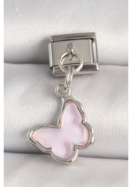 316L Çelik Gümüş Renk Pembe Kelebek Model Nomination Charm