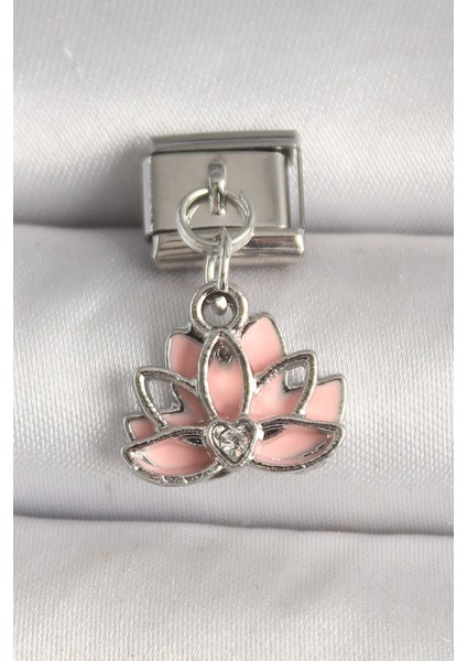 316L Çelik Gümüş Renk Pembe Lotus Model Zirkon Taş Detaylı Nomination Charm