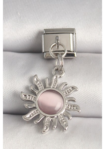 316L Çelik Gümüş Renk Pembe Mineli Güneş Model Nomination Charm
