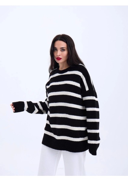 43111 Triko Çizgili Salaş Kazak-Siyah-Ekru fiyatları