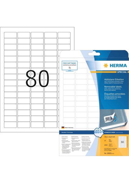 10003 Üniversal Etiket Dın A4 Çıkarılabilir, Küçük 35,6 x 16,9 Mm, 25 Yaprak, Kağıt, Mat Kendinden Yapışkanlı, 2.000 Yapışkan Etiket, Beyaz