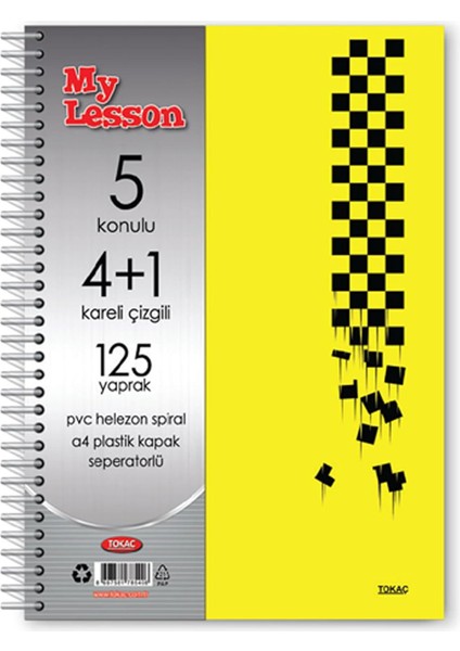 Tokaç My Lesson Plastik Kapak A4 4+1 125 Yaprak Spiralli 5 Bölmeli Ayraçlı Kareli Çizgili Defter TOK850