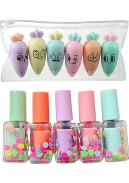 ve Oje Şekilli Fosforlu Kalem Seti, Çok Renkli EASYSO2934 Toplam 11 Emojili Kalem Doldurulabilir Tekrar Kullanılabilir Hazneli Mini Kalemlikli Unisex