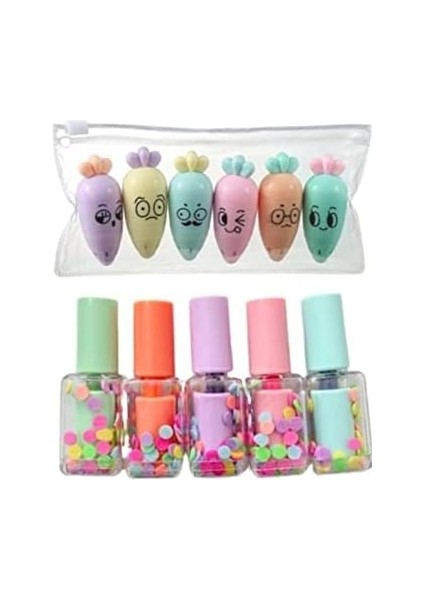 ve Oje Şekilli Fosforlu Kalem Seti, Çok Renkli EASYSO2934 Toplam 11 Emojili Kalem Doldurulabilir Tekrar Kullanılabilir Hazneli Mini Kalemlikli Unisex