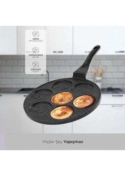 Granit Kaplama Yanmaz Yapışmaz Döküm Gülenyüz Pankek Krep Tavası, Gülenyüz Pankek Tavası 27CM