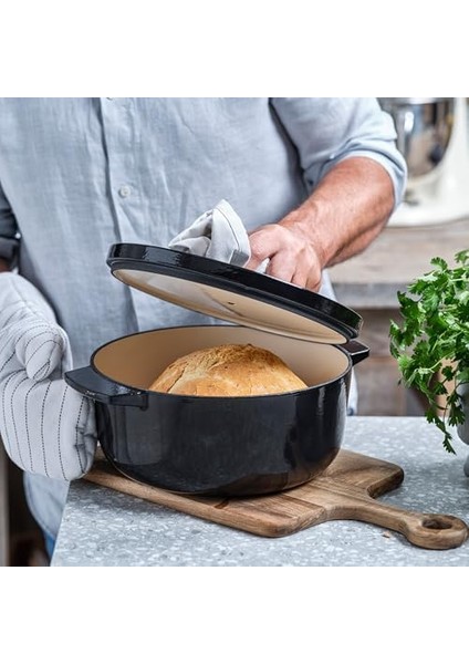 Cast Iron 26 Cm/5,2 L Kapaklı Tencere, Kaliteli, Sağlam ve Uzun Ömürlü, Kızartma, Kızartma, Pas Içermeyen Emaye Iç Kısım, Indüksiyon, Ergonomik Sap, 260°C'YE Kadar Fırına Dayanıklı, Oniks