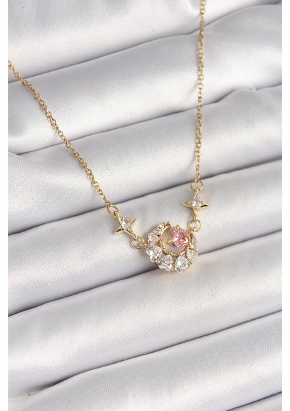 316L Çelik Gold Renk Zirkon Taşlı Hilal Pembe Kalp Model Kadın Kolye