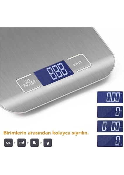 Dijital Mutfak Tartısı - 5 kg Kapasite, Paslanmaz Çelik Yüzey, Hassas Tartım (1 Gr), LCD Ekran, Dara Fonksiyonu, 5 Ölçü Birimi, Otomatik Kapanma, Piller Dahil