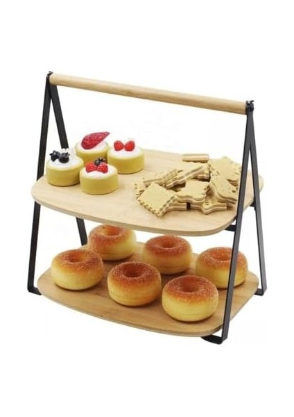 2 Katlı Dikdörtgen Bambu Servis Sunum Seti Büyük Boy, Kuru Pasta, Kurabiye ve Kek Sunumları Için Büyük Boy (34CM-26.5CM-16CM)