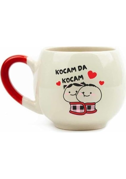 Tasarım Kocam Da Kocam Krem Parlak Balon Kupa Kırmızı Kulp - Hediye Seramik Kupa
