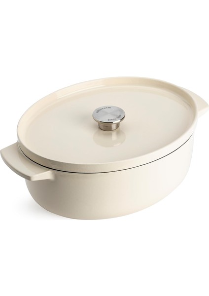 Cast Iron 30 Cm/5,6 L Oval Kapaklı Tencere, Kaliteli, Sağlam ve Uzun Ömürlü, Kızartma, Kızartma, Pas Içermeyen Emaye, Indüksiyon, Ergonomik Sap, 260°C'YE Kadar Fırına Dayanıklı, Badem Kremi