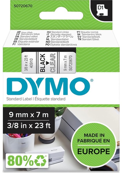 D1 Yedek Şerit, 9 mm x 7 Mt, Şeffaf/siyah (40910)