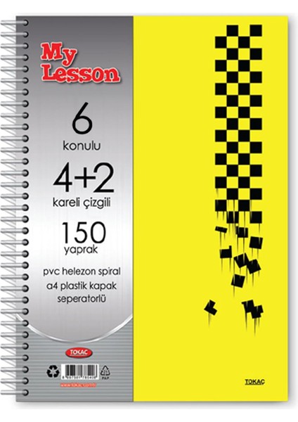 Tokaç My Lesson Plastik Kapak A4 4+2 150 Yaprak Spiralli 6 Bölmeli Ayraçlı Kareli Çizgili Defter TOK860