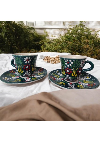 Kahve Fincanı Takımı El Yapımı Doğal Seramik Fincan Seti (Yeşil)