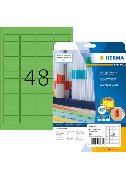 4369 Renkli Etiket Yeşil Çıkarılabilir, 20 Yaprak, 45,7 x 21,2 Mm, A4 Başına 48, 960 Adet, Kendinden Yapışkanlı, Yazdırılabilir, Mat, Boş Kağıt Renkli Etiket Çıkartma