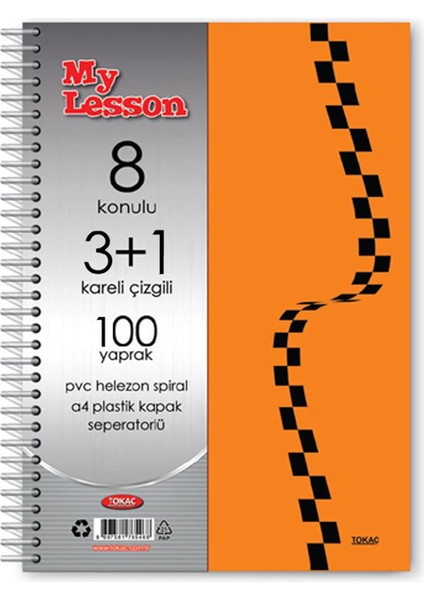 Tokaç My Lesson Plastik Kapak A4 3+1 100 Yaprak Spiralli 8 Bölmeli Ayraçlı Kareli Çizgili Defter TOK840